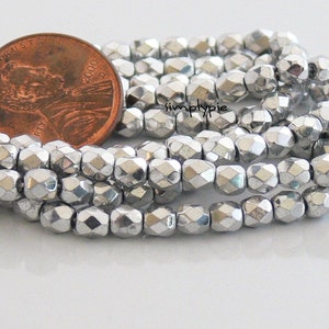 Silver Czech Beads Fire Polished 4mm 50 Faceted Round GLass ETEB image 1