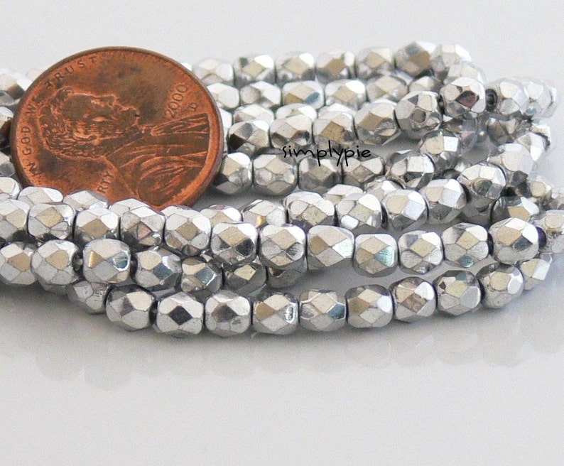 Silver Czech Beads Fire Polished 4mm 50 Faceted Round GLass ETEB image 1