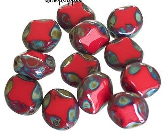17mm Red With Travertine Finish 0066 Beads Table Cut Czech Glass Beads Flower Beads