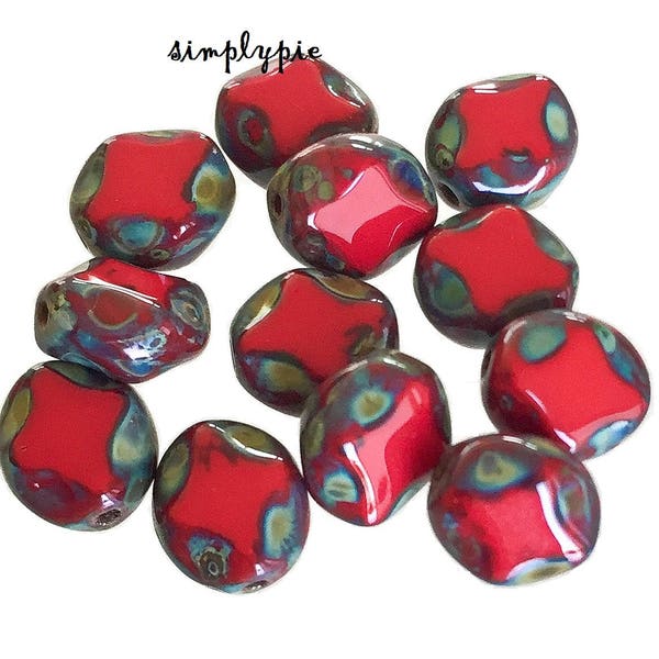 Red Picasso Table-Cut Oval Czech Glass Beads 9x8mm 12 Pcs