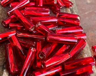 Red Silver-Lined Czech Twisted Bugle Glass Beads: 7x2mm (10g)
