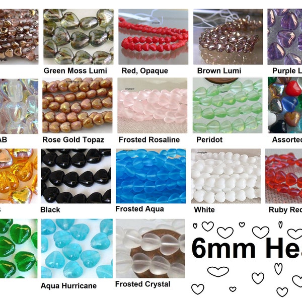 6mm Heart Czech Glass Beads 25 Pcs UR PICK Apollo Green Lumi Red Brown Purple Crystal Black Aqua Emerald White Assorted