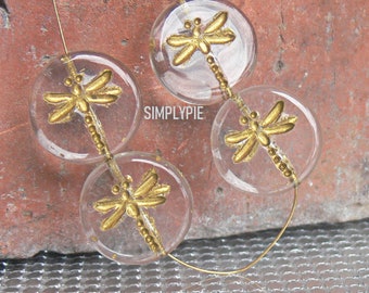 Gold Crystal Dragonfly Coin 4 Pcs Bohemian Glass Beads 17mm Czech Large Glass Beads