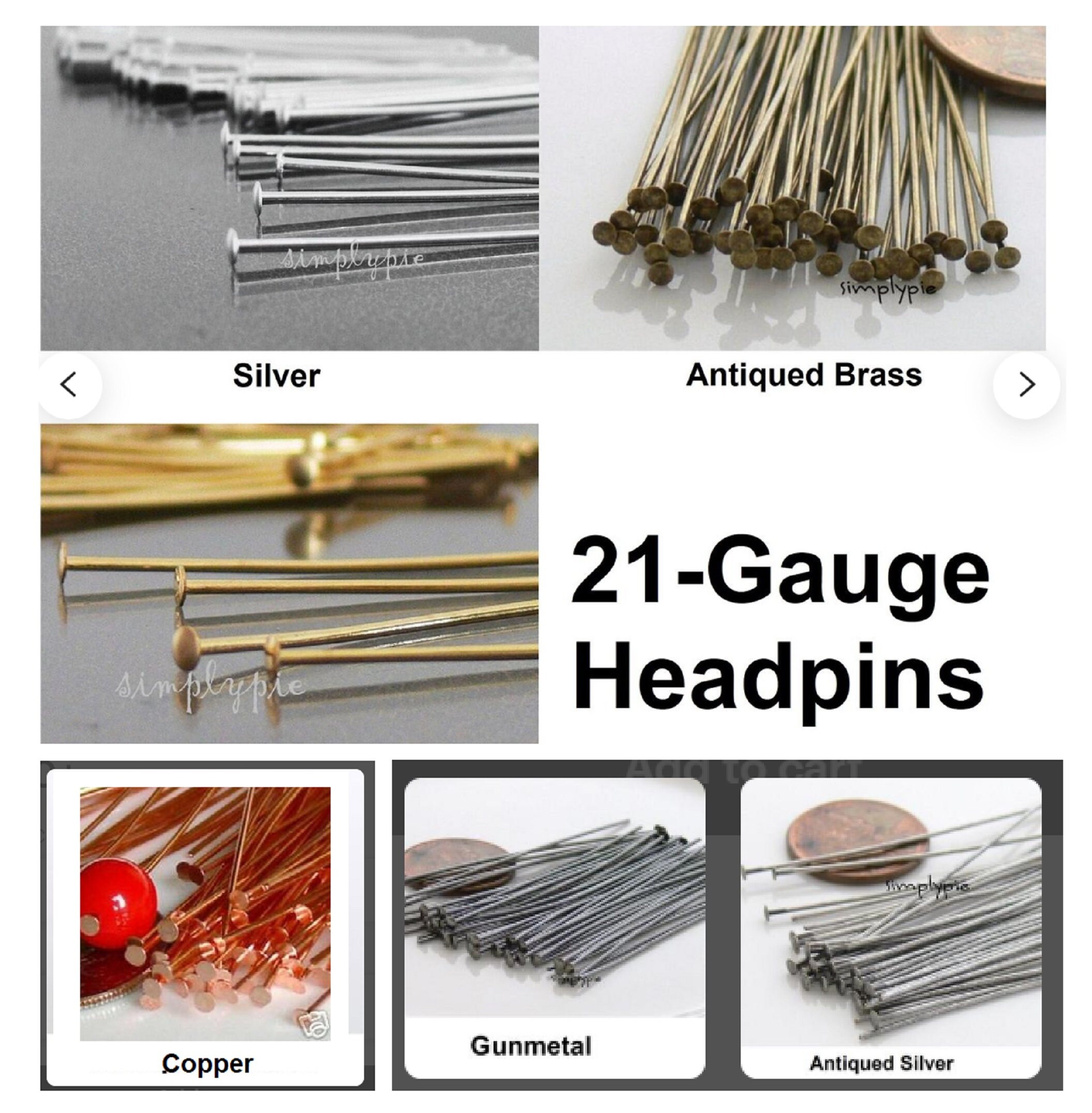 100 Flat Head Pins Silver, Gold, Antique Silver, Antique Gold