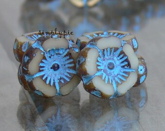 Beige Turquoise Picasso, Pansy Czech Beads 6 Pcs 12mm Glass Flowers