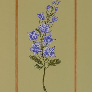 May include: A hand-painted illustration of a purple flower with green leaves and stem, framed in a light orange frame on a light green background.