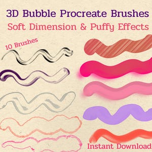 May include: A digital set of 10 3D Bubble Procreate Brushes featuring soft dimension and puffy effects. The image displays various wavy stroke samples in colors including black, purple, white, pink, red, and orange on a textured background.