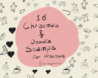 May include: A digital art graphic with a light beige background featuring black doodle illustrations of Christmas-themed objects. A pink shape in the center contains the text "16 Christmas & Doodle Stamps For Procreate".