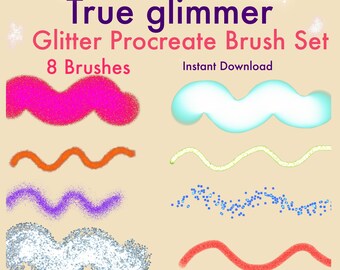 Könnte beinhalten: Ein digitales Set aus 8 Glitzer-Procreate-Pinseln mit dem Titel True Glimmer. Das Bild zeigt acht wellenförmige Linien in verschiedenen Farben wie Pink, Orange, Lila, Silber, Hellblau, Gelb, Blau und Rot, die unterschiedliche Glitzertexturen darstellen.