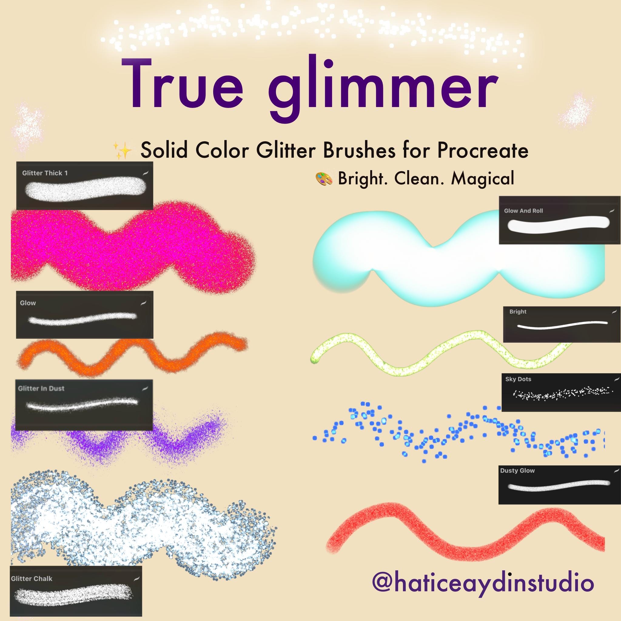 True Glimmer Pinceles de Purpurina para Procreate – 8 pinceles de color sólido, sin cambio de tono, para arte brillante y mágico