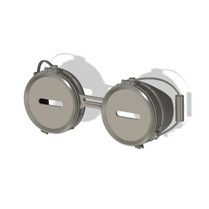 May include: A pair of silver steampunk goggles with round lenses and a metal frame. The goggles have a strap that goes around the back of the head.