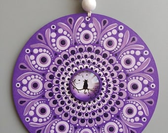 Mandala di gatti dipinto a mano su CD riciclato - Decorazione boho per amanti dei gatti realizzata con materiali di recupero