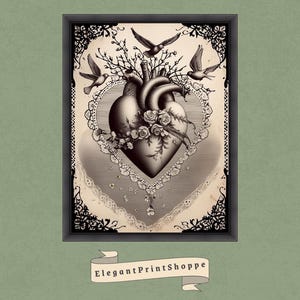 May include: A black and white illustration of a human heart with roses and birds. The heart is surrounded by a decorative lace pattern. The image is framed in black.