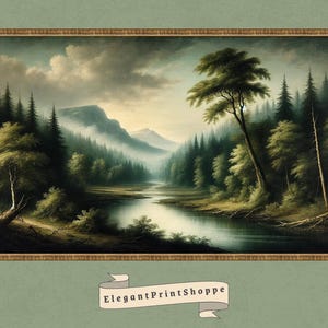 River in the Woods Landscape | Moody Forest Elegant Vintage Renaissance Style Oil Painting Digital Art Print | Serene Misty Mountain Nature