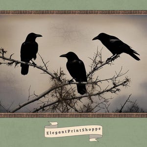 Gothic Crows on Autumn Branches | Contemporary Calming Bird Artwork | Ravens on Tree | Moody Landscape Digital Print | Contemporary Wall Art