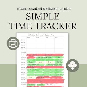 Peut inclure: Un modèle de suivi du temps imprimable avec les mots "SIMPLE TIME TRACKER" en haut. Le modèle est pour le samedi 1er octobre et comprend des créneaux horaires de 5h00 à 23h00. Le modèle est un téléchargement instantané et modifiable.
