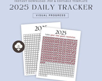 Doelentracker voor 2025, genummerde jaarlijkse visuele gewoontetracker, de voortgang van je goede voornemens bijhouden