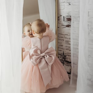 Pearl Tulle Satin Flower Girl Wedding Dress, Baby Girl Party Dress, Birthday Dress Girls Blush Dress, Formal Dresses, Birthday Dress