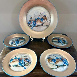 May include: A set of five round plates featuring a painted scene of blue birds perched on snowy branches. Each plate has a wide, metallic gold rim with a thin blue border. The central illustration depicts multiple blue birds in a winter setting.