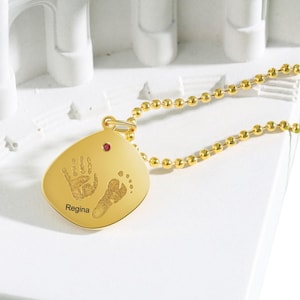 Collar personalizado con huella dactilar y piedra de nacimiento, con nombre y texto personalizados, collar familiar, joyería de cumpleaños, colgante elegante, huella dactilar de bebé