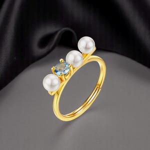 Gold Aquamarine Ring: Freshwater Pearl Sterling Silver Birthstone Ring