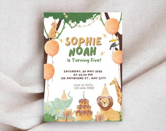 Zoo Animals Birthday Invitation | Watercolor Safari Party Invite | Editable Canva Template | Instant Download