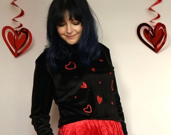 Red glitter heart top Black velour sweater Velvet loungewear