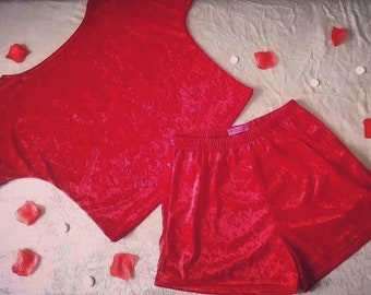 Velour top shorts set Red crushed velvet lounge shorts Christmas loungewear pjs