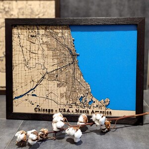 Carte en bois personnalisée unique, art mural en bois sculpté personnalisé, Topographie de Chicago, grande carte en bois, plan de la ville gravé, décoration murale découpée au laser