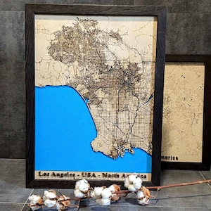 Carte personnalisée de Los Angeles en bois découpée au laser, grande topographie gravée de la ville de Los Angeles, carte en bois de localisation personnalisée, carte artisanale en bois personnalisée