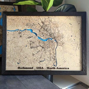 Carte murale en bois de Richmond, découpée au laser, carte de localisation en bois personnalisée, carte sculptée de toutes les villes du monde, grande carte de la ville gravée, cadeau personnalisé