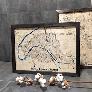Topographie découpée au laser de Paris, carte de localisation en bois gravée, carte en bois personnalisée, cadeau personnalisé unique, grands travaux manuels en bois, cadeau de situation
