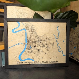 Carte en bois de Barton Rouge, décoration découpée au laser, carte de localisation en bois gravée, carte des villes des États-Unis, sculptée sur mesure, art mural en bois, cadeau personnalisé
