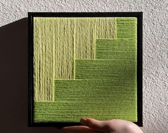 Mini abstract woven wall art, modern textile decor, geometric fiber art, moss and lime green tones, home office or living room wall hanging
