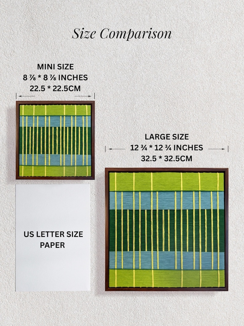 May include: Two square framed wall art pieces featuring vertical and horizontal stripes in lime green, dark green, and light blue. The mini size is 8 7/8 by 8 7/8 inches, and the large size is 12 3/4 by 12 3/4 inches, shown next to US letter paper.