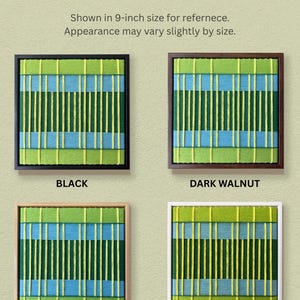 May include: Four square wall art pieces featuring a woven textile design with horizontal and vertical stripes in lime green, dark green, and light blue. The frames are labeled as black, dark walnut, natural wood, and white, shown in 9-inch size.