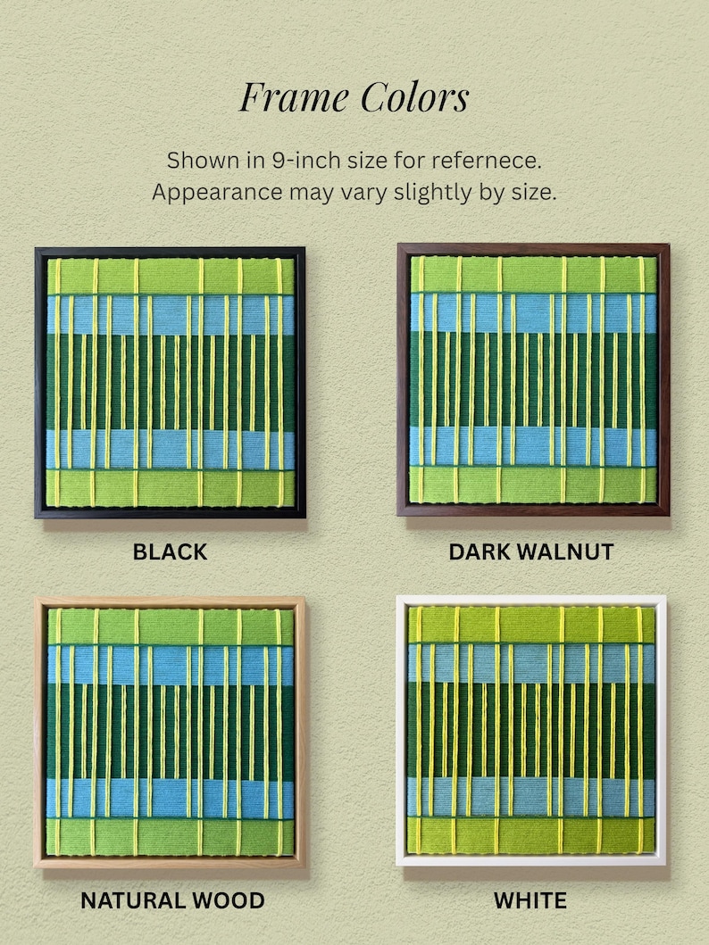 May include: Four square wall art pieces featuring a woven textile design with horizontal and vertical stripes in lime green, dark green, and light blue. The frames are labeled as black, dark walnut, natural wood, and white, shown in 9-inch size.