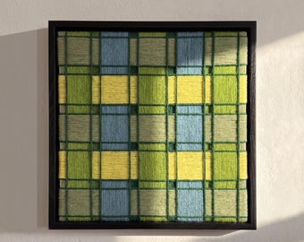Framed Geometric Yarn Wall Art, Sage Green Blue Plaid Woven Textile Shelf Decor, Small Woven Artwork, Bookshelf Styling, Housewarming Gift