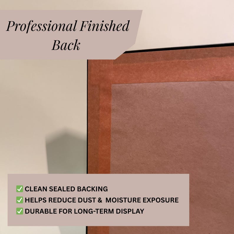 May include: The back of a framed item featuring a clean, sealed brown paper backing. Text on the image reads: Professional Finished Back, CLEAN SEALED BACKING, HELPS REDUCE DUST & MOISTURE EXPOSURE, DURABLE FOR LONG-TERM DISPLAY. The frame edge is black.