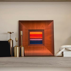 Mini Yarn Art Painting – Dusk Seascape in Wide Wood Frame, Handmade Abstract Textured Fiber Art, Cozy Home Decor, Hand Woven Wall Decor