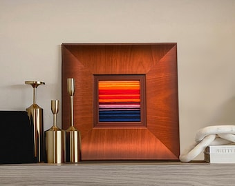 Handmade Dusk Seascape Yarn Art – Mini Abstract Fiber Painting in Wood Frame