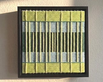 Framed Modern Geometric Yarn Wall Art,  Mid Century Green & Blue Decor, Minimalist Textile 3D Yarn Wall Decor