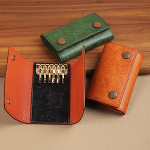Cartera para llaves de cuero genuino de primera calidad con doble botón, soporte para llaves de pared, estuche para llaves, bolso para llaves, organizador de llaves vintage, regalo para él o padre.