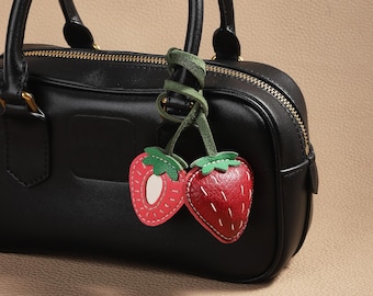 Bag Charm Strawberry Genuine Leather Handmade Keychain Purse Charms 3D Red Fruit Handbag Car Hanging Birthday Gift For Her