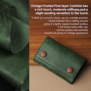 May include: A dark green leather wallet with two brown button closures. The wallet is made of vintage frosted first-layer cowhide. The text in the image describes the leather's texture and aging process.