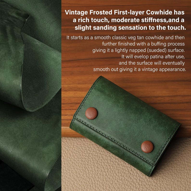 May include: A dark green leather wallet with two brown button closures. The wallet is made of vintage frosted first-layer cowhide. The text in the image describes the leather's texture and aging process.