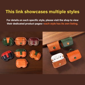 May include: A collection of leather cases for wireless earbuds in various colour combinations including green, orange, brown, and black. Each case features a snap button closure and visible stitching. Text reads: This link showcases multiple styles.