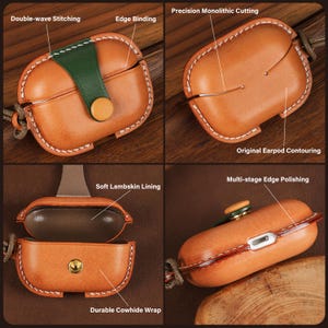 May include: A tan leather earbud case with a green strap and snap button closure. Features include double-wave stitching, edge binding, precision monolithic cutting, original earpod contouring, a soft lambskin lining, a durable cowhide wrap, and multi-stage edge polishing.