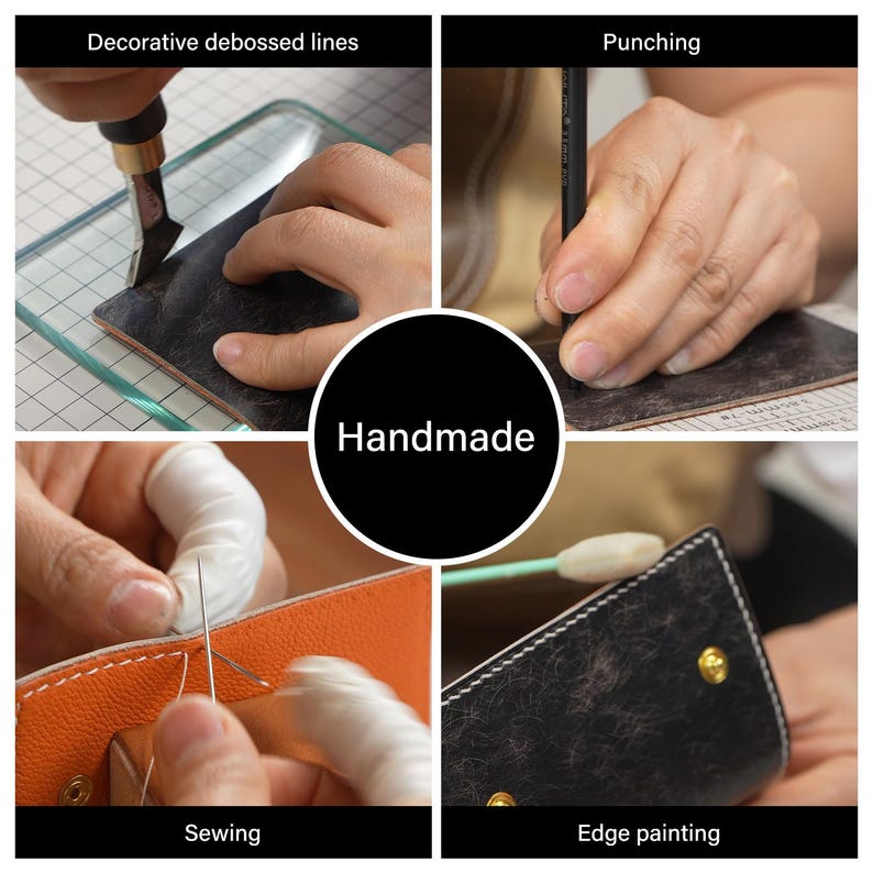 May include: A collage showcasing the handmade process. The image includes close-ups of decorative debossed lines, punching, sewing, and edge painting. The central image has the word "Handmade" in white on a black circle.