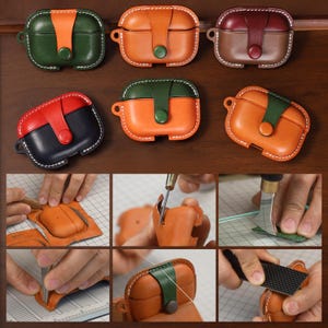 May include: Six leather cases for wireless earbuds in various colour combinations including green, orange, red, black, and brown, featuring snap closures and white stitching. The image also shows the manual assembly process using tools.